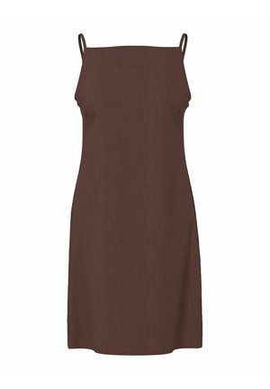 Braunes ärmelloses Kleid mit dünnen Schulterträgern und einem geraden Ausschnitt, das ein dezentes, strukturiertes Stoffmuster aufweist.