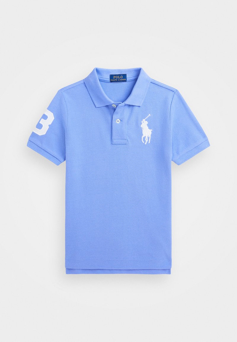 Light blue polo shirt made of textured fabric, featuring a white embroidered logo on the chest and the number 3 on the left sleeve.