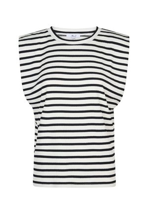 Zwart-witte gestreepte short-sleeve top met een geribbeld textuur en een ronde halslijn, met gestructureerde schouders voor extra volume.