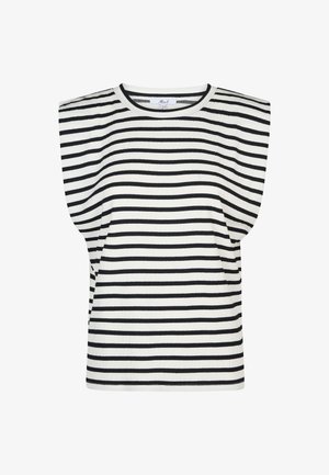 Zwart-witte gestreepte short-sleeve top met een geribbeld textuur en een ronde halslijn, met gestructureerde schouders voor extra volume.