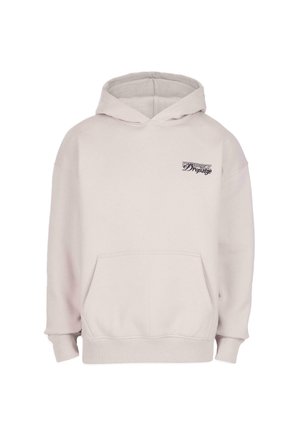 Felpa con cappuccio beige chiaro in misto cotone, caratterizzata da una tasca frontale e un piccolo logo sul lato sinistro del petto. Texture morbida, design casual.