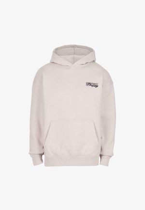 Felpa con cappuccio beige chiaro in misto cotone, caratterizzata da una tasca frontale e un piccolo logo sul lato sinistro del petto. Texture morbida, design casual.