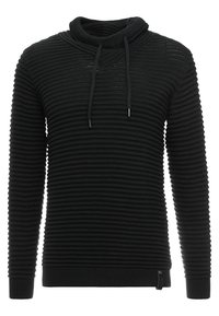 Zwarte rib gebreide trui met een kraag met tunnel, voorzien van een strikkoord, textuurstof en een zijdetail aan de zoom.