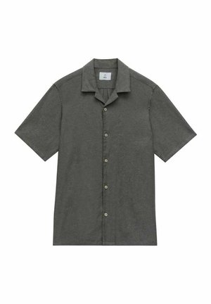 Koszula z krótkim rękawem, zapinana na guziki, w ciemnoszarym kolorze, z kołnierzykiem rozkloszowanym, subtelną fakturą i pięcioma guzikami z przodu.