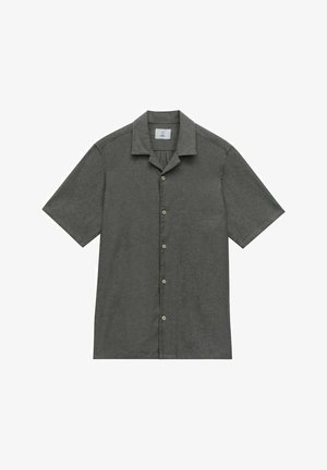 Korte mouwen overhemd met knopen in donkergrijze stof, met een spread collar, subtiele textuur en vijf knopen aan de voorkant.