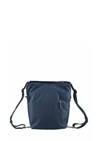 Sac à bandoulière bleu marine avec une finition texturée, une bandoulière réglable, une fermeture zippée sur le dessus et une poche avant zippée pour un rangement supplémentaire.