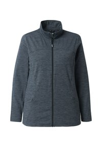 Giacca in pile grigio scuro con zip frontale, colletto alto e maniche lunghe. Presenta tasche laterali e un motivo testurizzato su tutta la superficie.