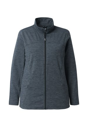 Dunkelgraue Fleecejacke mit Reißverschluss, hohem Kragen und langen Ärmeln. Verfügt über Seitentaschen und ein strukturiertes Muster.