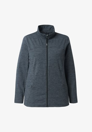 Dunkelgraue Fleecejacke mit Reißverschluss, hohem Kragen und langen Ärmeln. Verfügt über Seitentaschen und ein strukturiertes Muster.