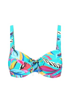 Barevný bikini top s tyrkysovým základem, zdobený tropickými listovými vzory v růžové, žluté a zelené barvě, s prostředním zavazováním a malými stříbrnými akcenty.