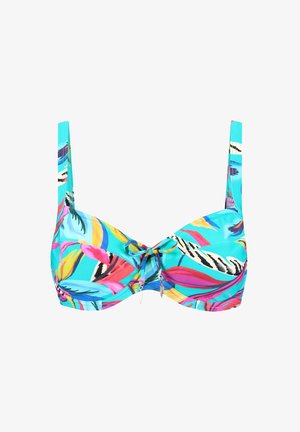 Haut de bikini coloré avec une base turquoise, arborant des motifs de feuilles tropicales en rose, jaune et vert, avec un lien au centre et de petits accents argentés.