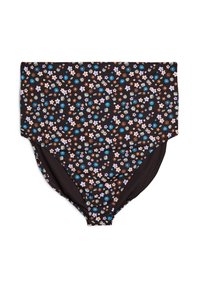Black floral-patterned high-waisted swim bottom with multicolored flowers in various sizes, made from smooth, stretchy fabric.