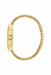 Montre-bracelet dorée avec un boîtier rectangulaire, un bracelet en maillons métalliques et un détail de couronne simple sur le côté. Fini lisse et brillant.