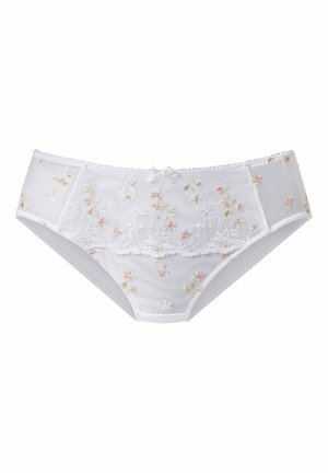 White lace brief with floral embroidery in pastel colors, featuring a scalloped trim and a small central bow accent. Sheer and lightweight material.