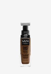 NYX Can't Stop Won't Stop foundation in Cappuccino, een glazen fles met een zwarte pomplid, heeft een matte afwerking en een eenvoudig tekstontwerp.