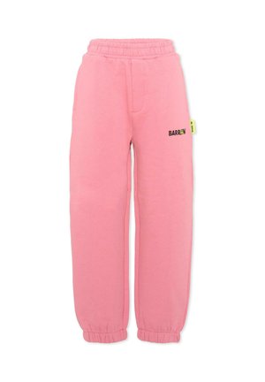 Pantaloni jogger rosa con vita e caviglie elastiche, logo nero "BARROW" e etichetta gialla sulla coscia destra, progettati per un uso casual.