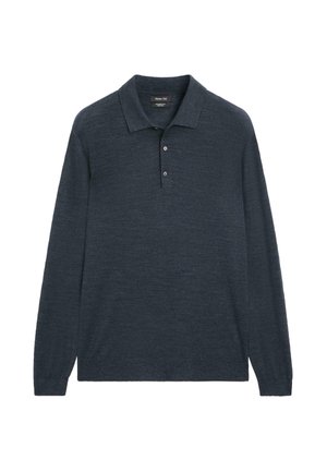 Dunkelblaues Langarm-Poloshirt aus weichem, strukturiertem Stoff mit Kragen, dreiknöpfiger Knopfleiste und geradem Saum.