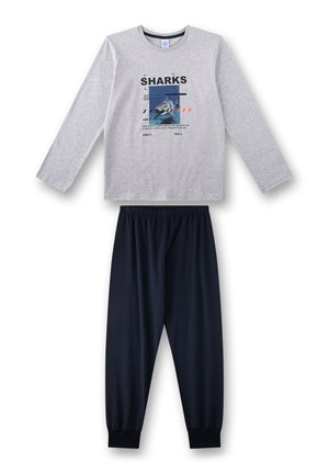 Langärmeliges graues Oberteil mit Hai-Grafik und Schriftzug, kombiniert mit schlichten schwarzen Schlafanzughosen mit elastischem Bund für Kinder.