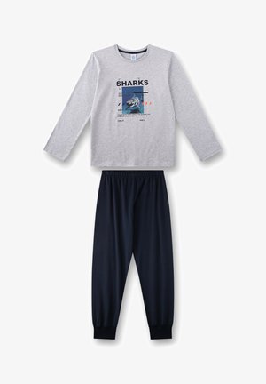 Langärmeliges graues Oberteil mit Hai-Grafik und Schriftzug, kombiniert mit schlichten schwarzen Schlafanzughosen mit elastischem Bund für Kinder.