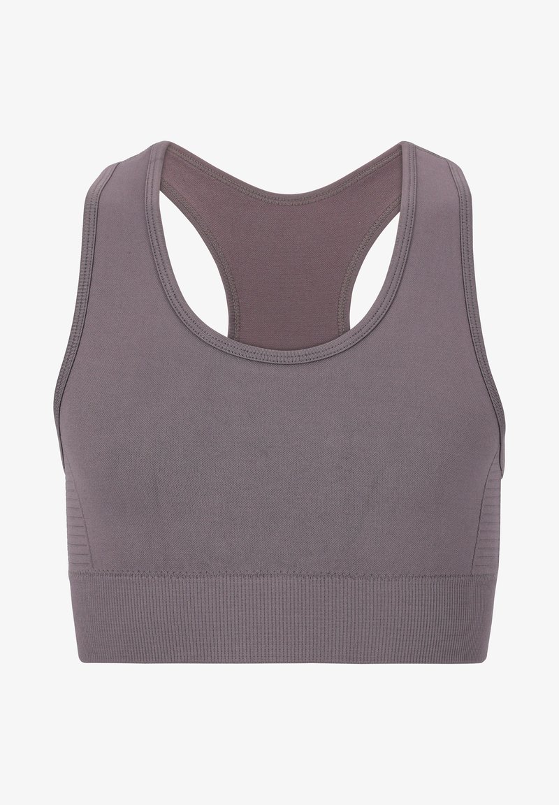 Sport-BH in einem gedämpften Grauton, mit Racerback-Design, strukturiertem Stoff und einem breiten, gerippten Bund am unteren Ende.