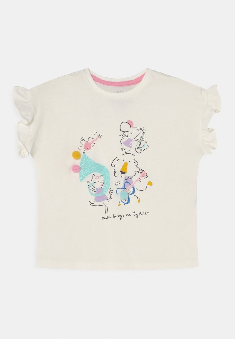 Biała koszula z krótkim rękawem z falbanami na rękawach, z nadrukiem kreskówkowych zwierząt grających na instrumentach oraz napisem "muzyka łączy nas".