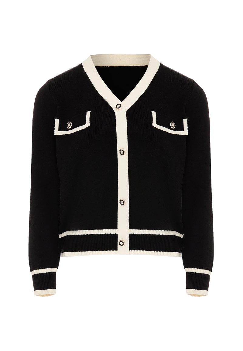 Schwarze Strickjacke mit weißen Akzenten, V-Ausschnitt, Knopfverschluss, zwei Brusttaschen mit Klappen und gerippten Bündchen und Saum. Weicher Strickstoff.