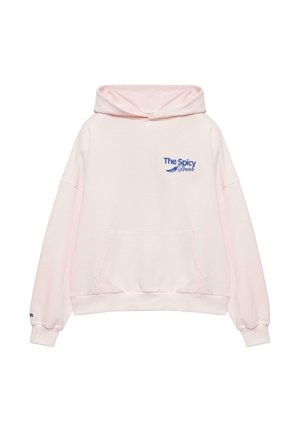 Sweat à capuche rose clair avec poche frontale, texte bleu "The Spicy Drink" et graphique de piment sur la poitrine gauche.