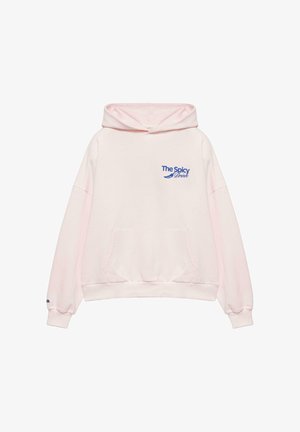 Sweat à capuche rose clair avec poche frontale, texte bleu "The Spicy Drink" et graphique de piment sur la poitrine gauche.