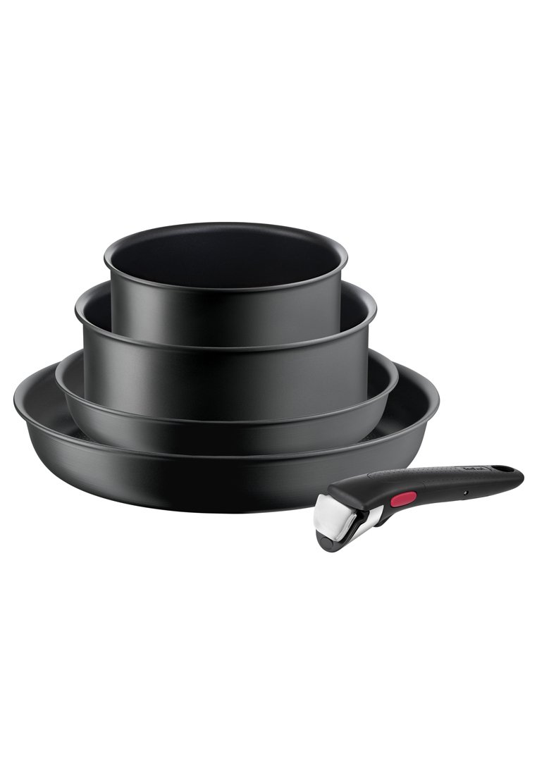 Set von drei runden Backformen in mattem Schwarz mit einer antihaftbeschichteten Oberfläche, ausgestattet mit einem abnehmbaren Griff für einfache Aufbewahrung und Handhabung.