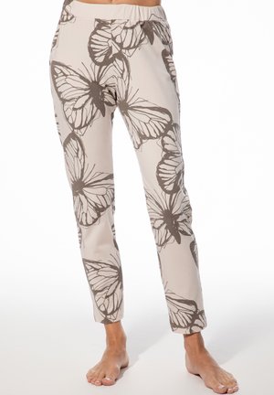 Hellbeige Hose mit Schmetterlingsmuster in Dunkelbraun, mit elastischem Bund und schlankem Schnitt, aus weichem Stoff gefertigt.