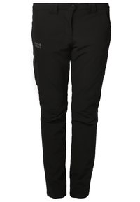 Pantalon d'extérieur noir à coupe slim, bouton devant, fermeture éclair, poche latérale et logo de la marque sur le haut de la cuisse gauche.