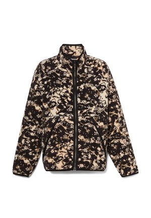 Fleece jacket in black and beige pattern, features high collar, zip closure, and two front pockets. Textured fabric with a soft finish.