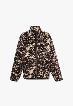 Fleece-Jacke in schwarz-beigem Muster, mit hohem Kragen, Reißverschluss und zwei vorderen Taschen. Texturiertem Stoff mit weicher Oberfläche.