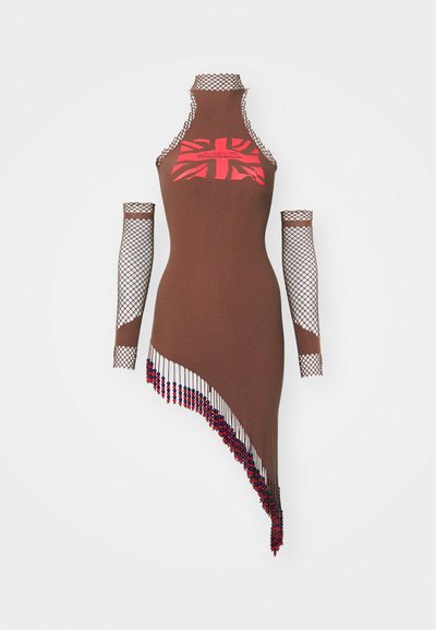 Sinead Gorey UNION JACK PRINTED DRESS WITH BEADED TASSELS AND GLOVES - Dzsörzéruha - brown