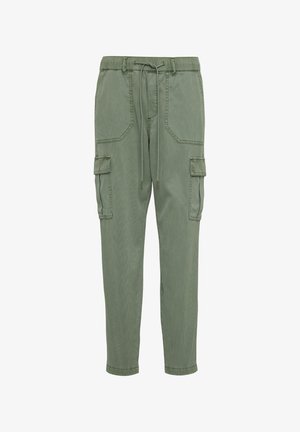 Zielone spodnie cargo z elastycznym pasem ze sznurkiem, dwoma bocznymi kieszeniami oraz dwiema kieszeniami cargo na udach, wykonane z tkaniny o teksturowanym wykończeniu.