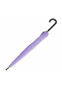 Purple umbrella with pleated fabric, black curved handle, and metallic frame. Smooth texture and compact design for easy portability.