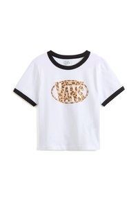 Hvid kortærmet t-shirt med en sort ringer-udskæring og ærmer, der har et leopardmønster af Vans-logoet i midten. Blødt bomuldsmateriale.