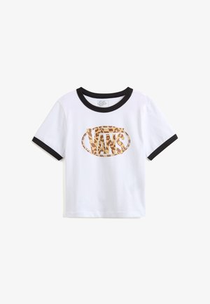 Bílý tričko s krátkým rukávem s černým obvodem a manžetami, s leopardím potiskem loga Vans uprostřed. Měkký bavlněný materiál.