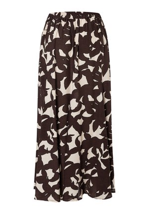 Jupe longue avec taille élastique, dotée d’un design fluide et d’un grand motif floral abstrait noir et blanc.