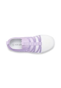 Purple and white athletic shoe with a mesh upper, featuring multiple elastic straps and a textured sole, designed for comfort and flexibility.