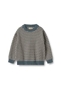 Gestrickter Pullover mit einem karrierten Muster in Marineblau, Creme und sanftem Blau. Ribbelkragen und -bündchen mit lockerer Passform.