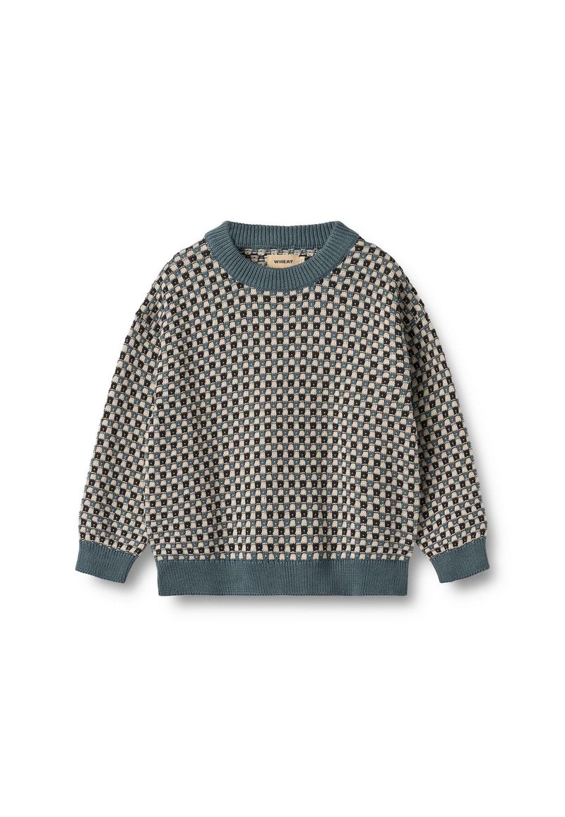 Gestrickter Pullover mit einem karrierten Muster in Marineblau, Creme und sanftem Blau. Ribbelkragen und -bündchen mit lockerer Passform.