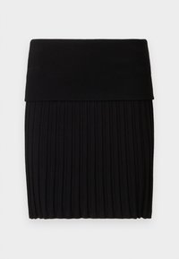 Saia preta plissada com uma cintura larga e canelada. Feita de tecido macio, apresenta pregas verticais e uma bainha reta na parte inferior.