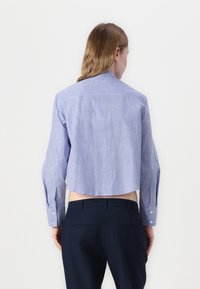 Cropped blue and white striped shirt with long sleeves, button cuffs, and a smooth texture, worn with dark trousers.