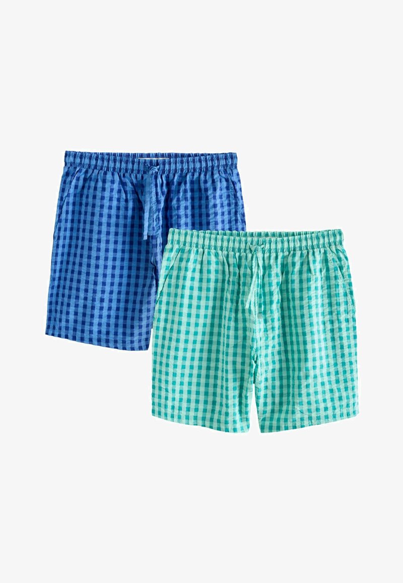 Deux paires de shorts pour hommes à carreaux avec tailles élastiques et cordons de serrage, l'une en bleu et l'autre en bleu sarcelle et blanc.
