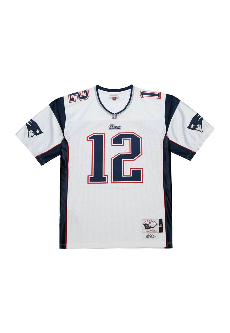 Weißes Football-Trikot mit blauen und roten Akzenten, das an der Vorderseite die Nummer '12', das Team-Logo auf den Ärmeln und ein gesticktes Patch am Saum aufweist.