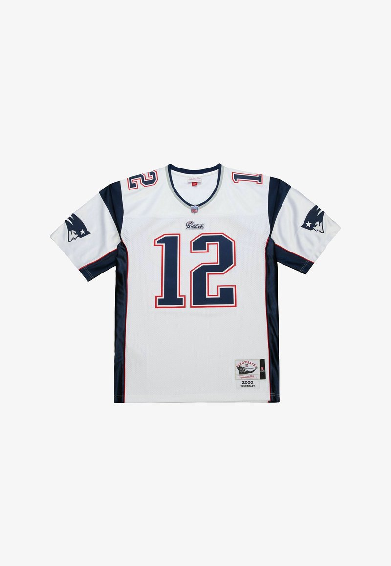 Weißes Football-Trikot mit blauen und roten Akzenten, das an der Vorderseite die Nummer '12', das Team-Logo auf den Ärmeln und ein gesticktes Patch am Saum aufweist.