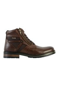 Bottine en cuir marron avec un bout rond, détail de fermeture éclair, panneaux texturés et un talon en bois. Présente une semelle en caoutchouc noir pour une bonne adhérence.