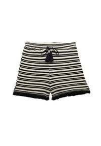 Pantalones cortos de ganchillo a rayas en blanco y negro con cordón de borlas, con un dobladillo con forma de onda y tejido texturizado.