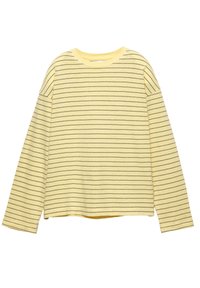 Camicia a maniche lunghe gialla con strisce nere orizzontali, collo a giro, vestibilità ampia e materiale in cotone morbido. Cuciture piatte e nessun logo visibile.